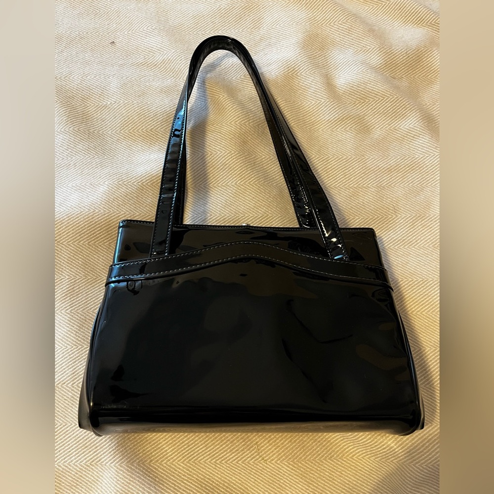 Vintage Black Patent Handbag Top Handle Double Strap